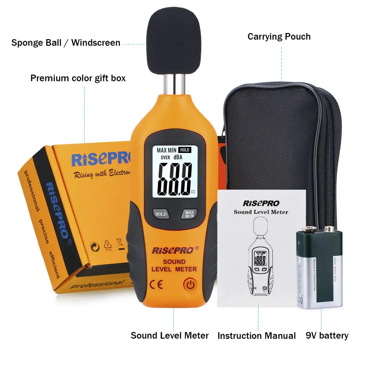RISEPRO Digital Sound Level Meter 30-130 dB | 107g (3.77 oz) with Carrying Pouch - view 7