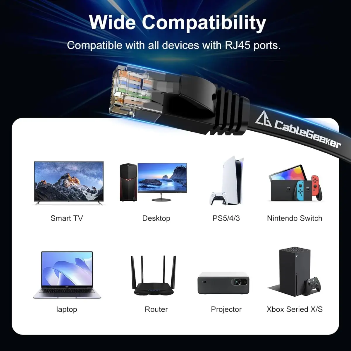 CableGeeker Cat 6 Ethernet Cable 3ft (6 Pack) | Flat Black Network Cable with Snagless RJ45 Connectors - view 9