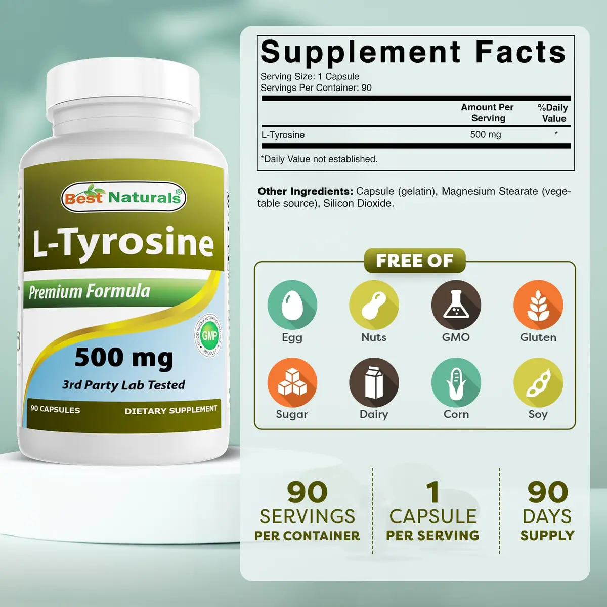 Best Naturals L-Tyrosine 500 mg 90 Capsules | Supports Brain & Mood - view 2