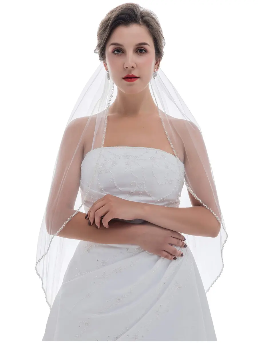SAMKY Double Row Wavy Pearl Crystal Edge Bridal Veil - Light Ivory Fingertip 36" (91.44 cm) - main product image