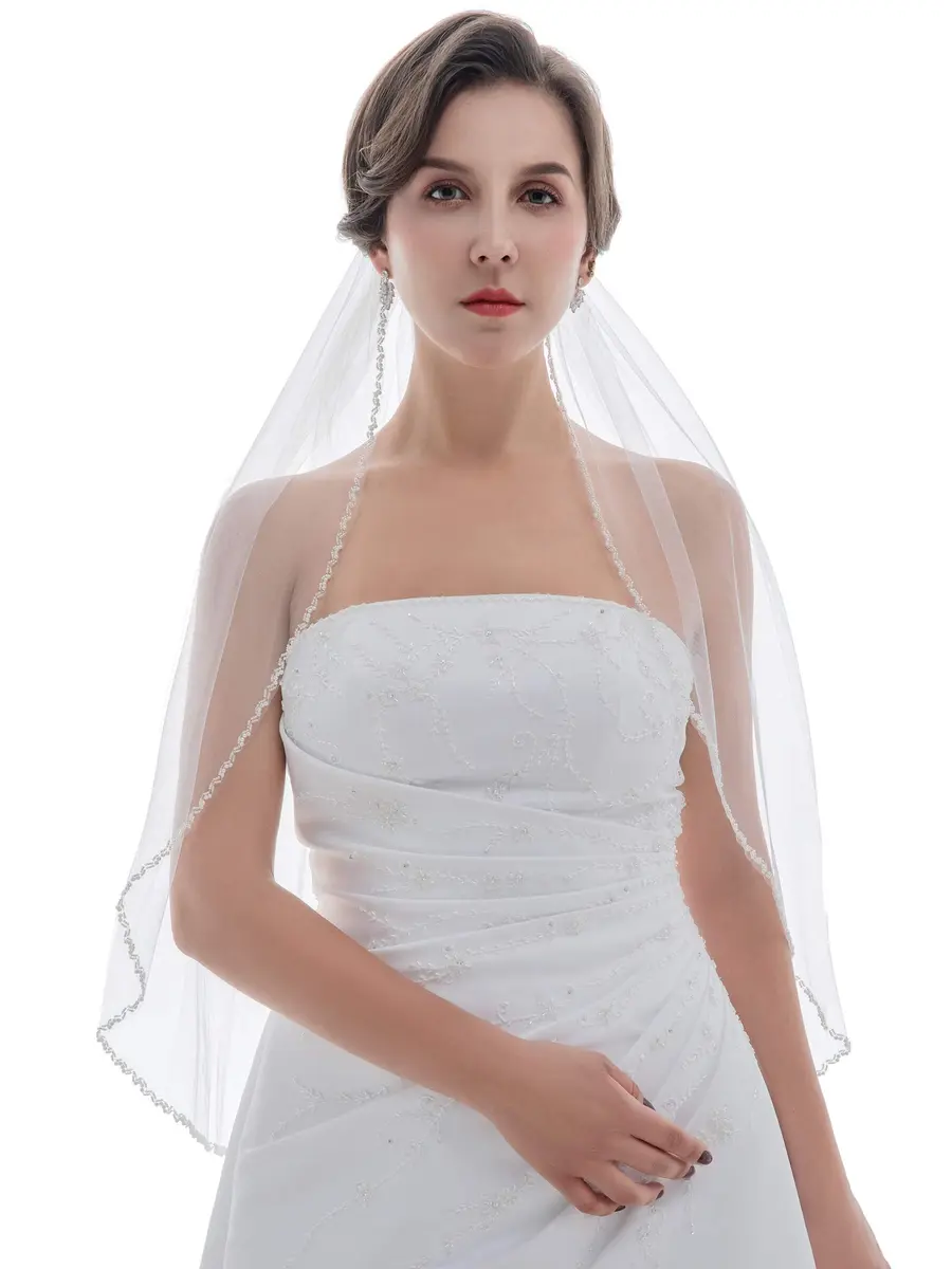 SAMKY Double Row Wavy Pearl Crystal Edge Bridal Veil - Light Ivory Fingertip 36" (91.44 cm) - view 2