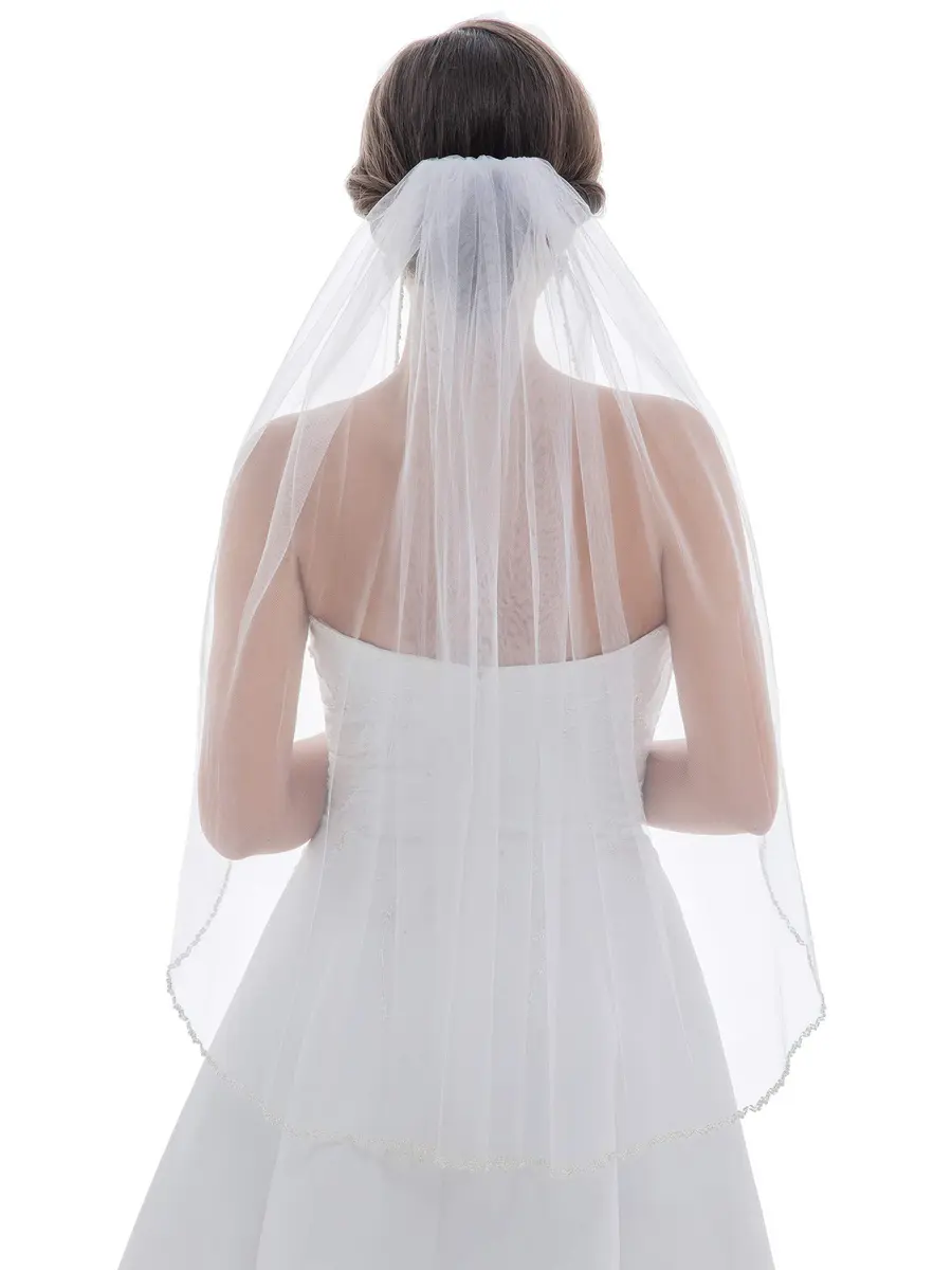 SAMKY Double Row Wavy Pearl Crystal Edge Bridal Veil - Light Ivory Fingertip 36" (91.44 cm) - view 3