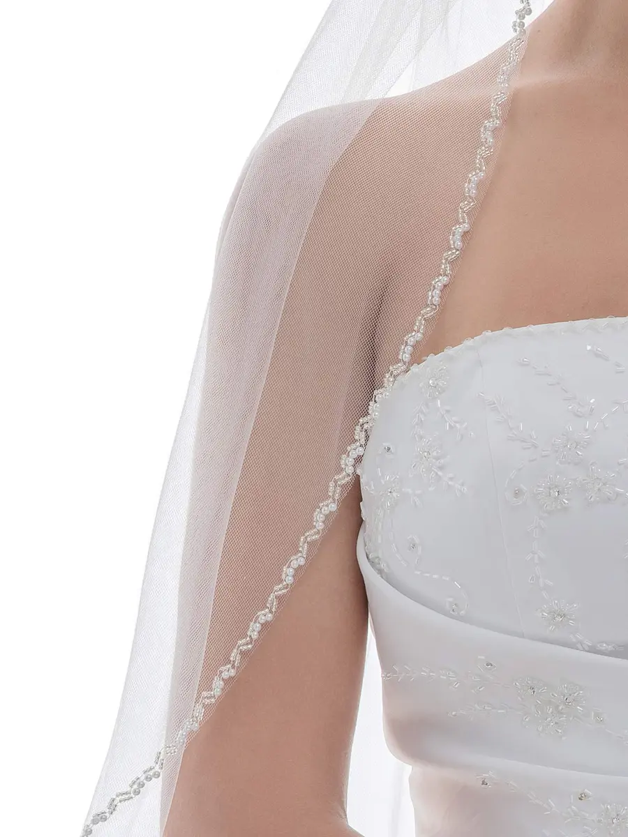 SAMKY Double Row Wavy Pearl Crystal Edge Bridal Veil - Light Ivory Fingertip 36" (91.44 cm) - view 4