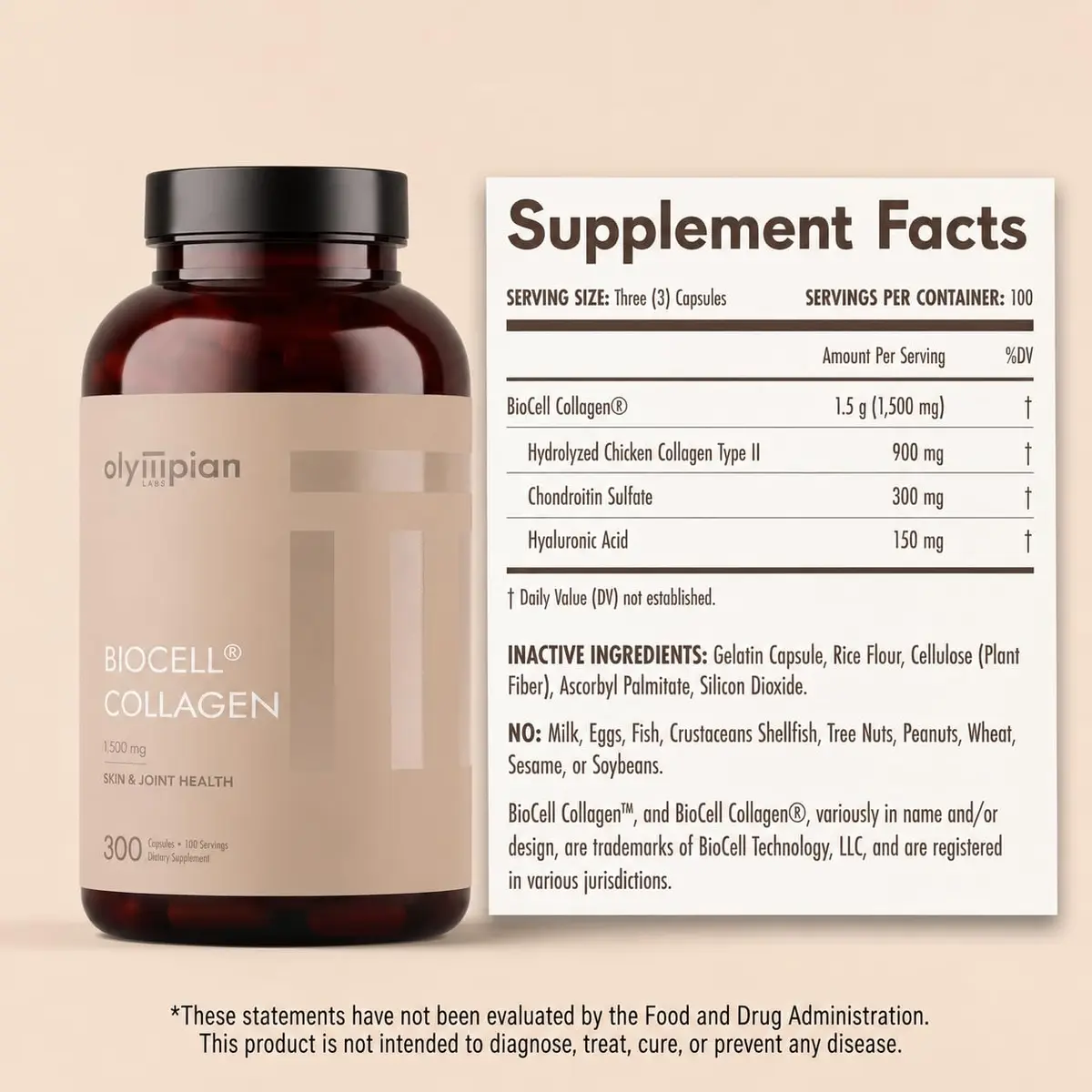 Olympian Labs Biocell Collagen II 1500mg Capsules | Supports Skin & Joint Health, 300 Capsules - view 2