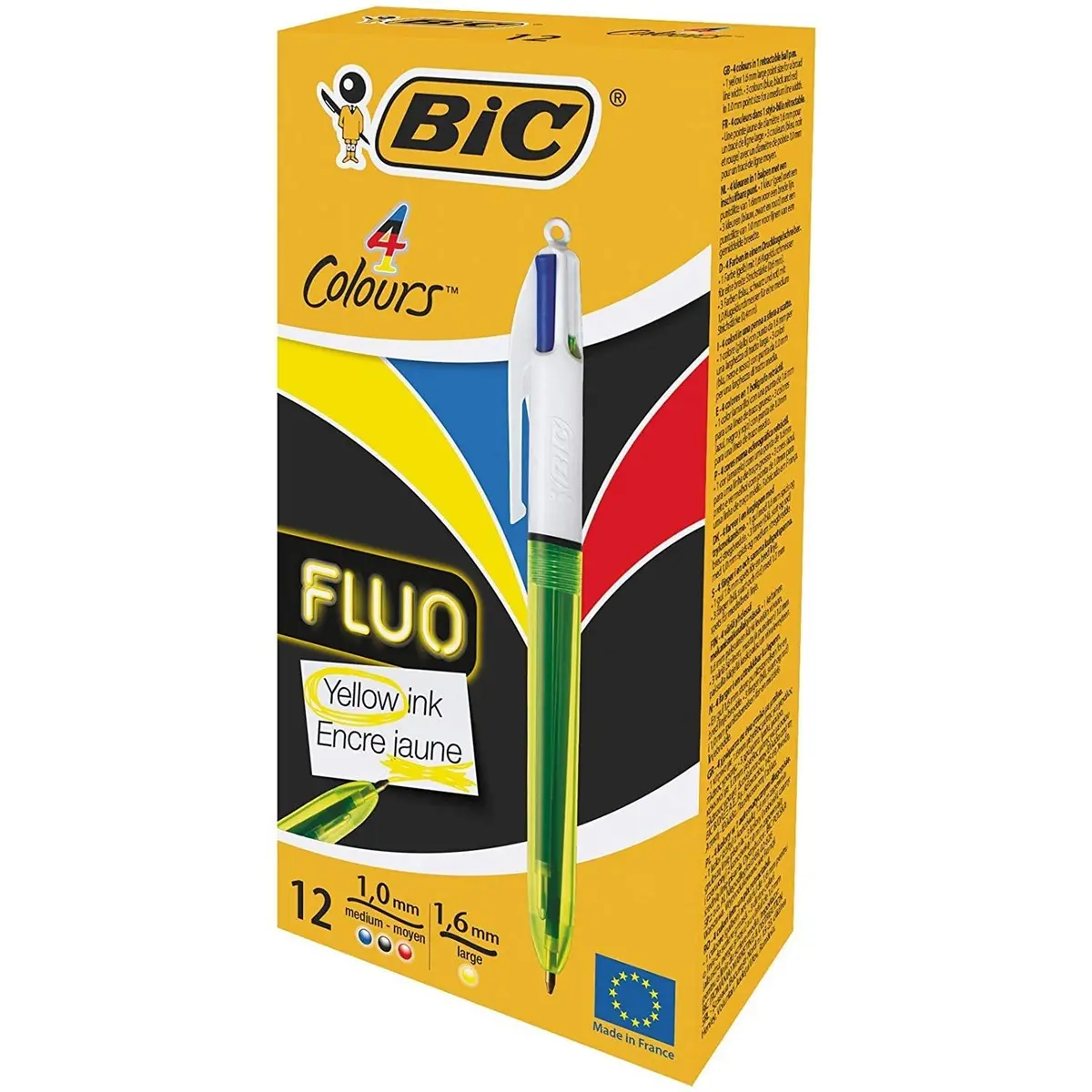 BIC 4 Colour Fluo Retractable Ballpoint Pen Pack of 12 | Fluorescent Multi-Color Office & School Supply - main product image