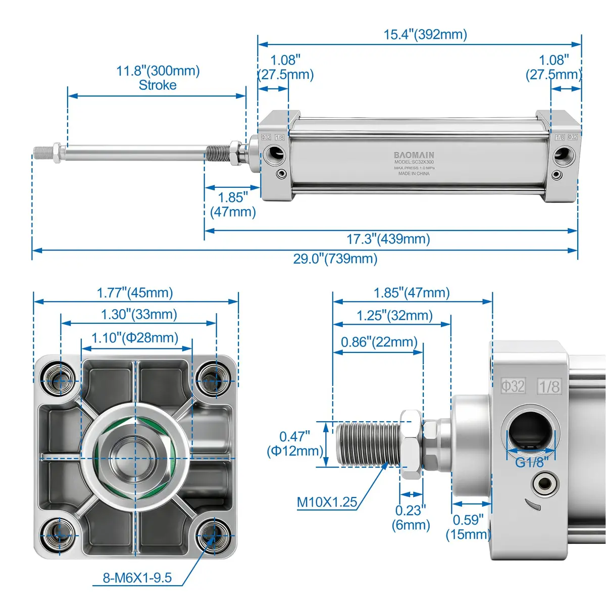 Baomain Pneumatic Air Cylinder SC32x300 Double Acting 32mm Bore 300mm Stroke | Industrial Automation Actuator - view 2