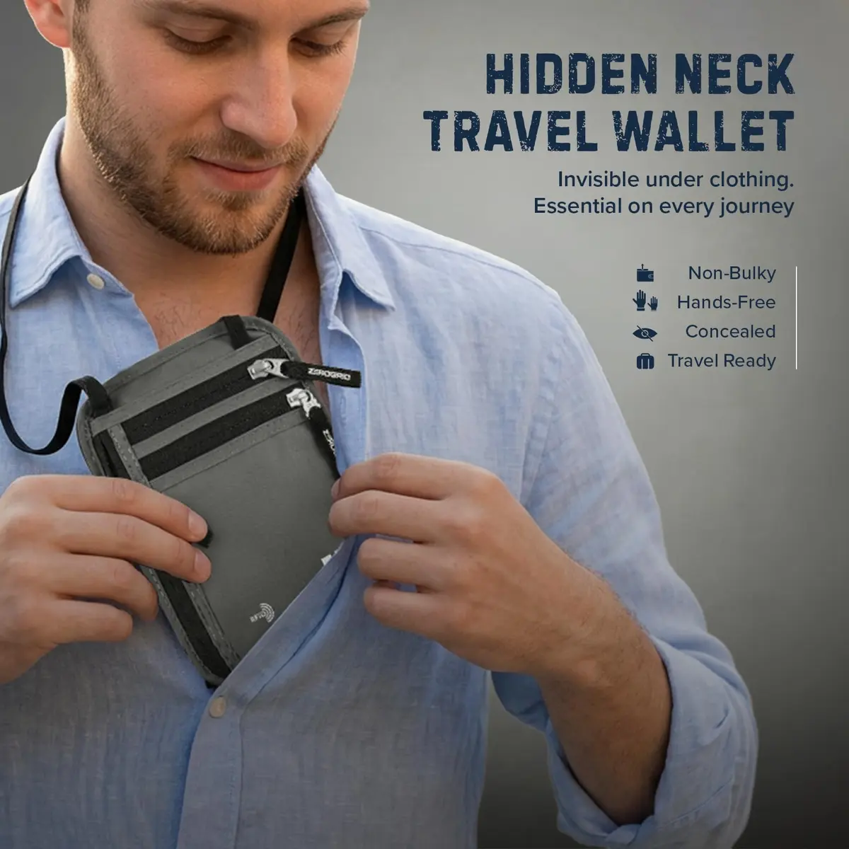 Zero Grid RFID Travel Neck Wallet, Large Passport Holder, Light Grey | Water-Resistant Nylon, RFID Shield - view 5