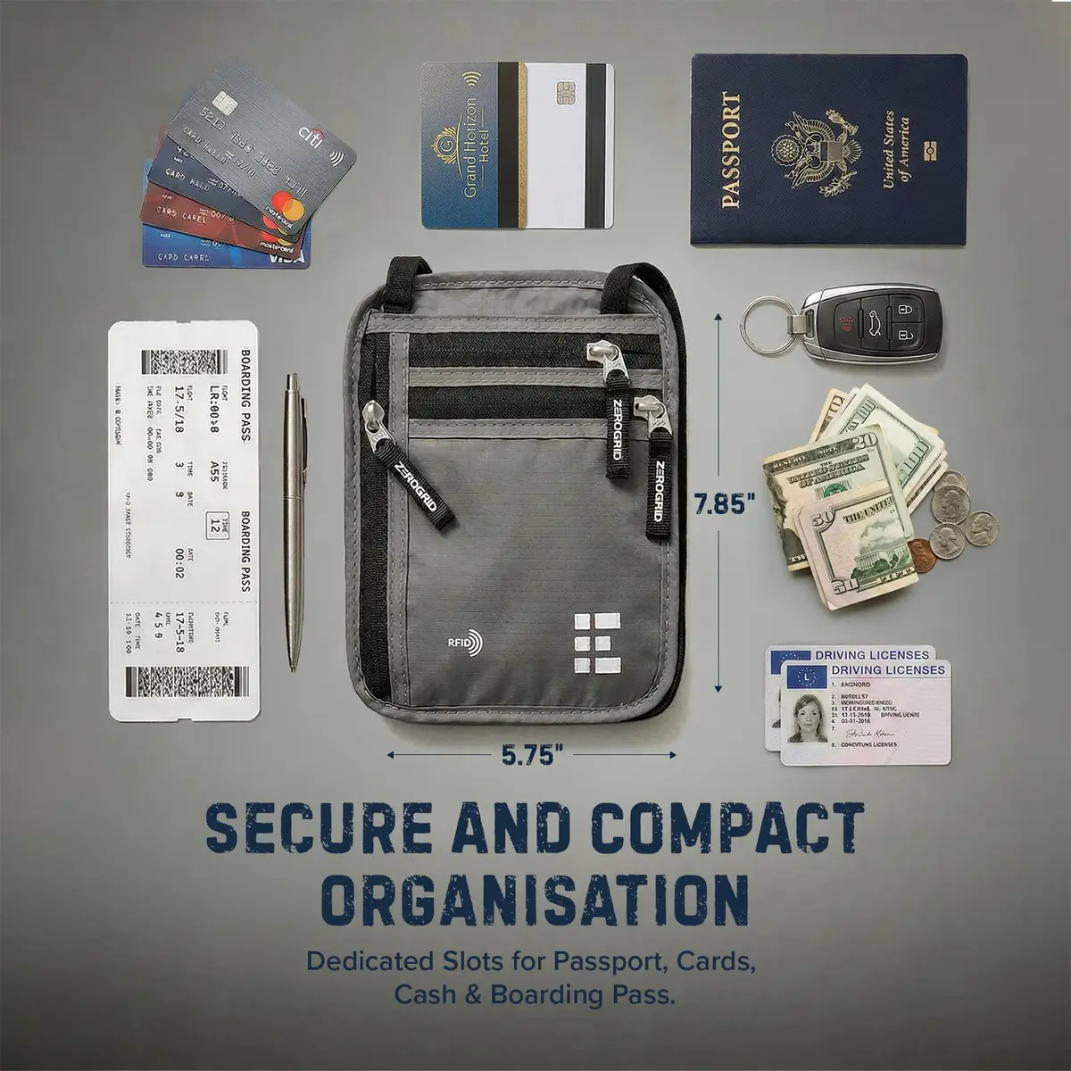 Zero Grid RFID Travel Neck Wallet, Large Passport Holder, Light Grey | Water-Resistant Nylon, RFID Shield - view 2