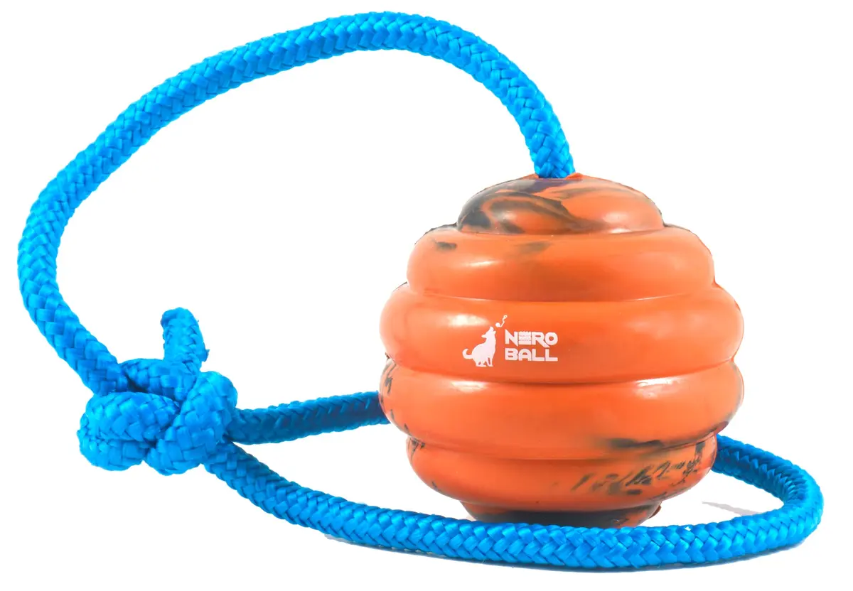 The Nero Ball Pro K-9 Dog Training Ball on Rope – 2.75″ Heavy-Duty Natural Rubber Reward & Tug Toy with Nylon Handle - main product image