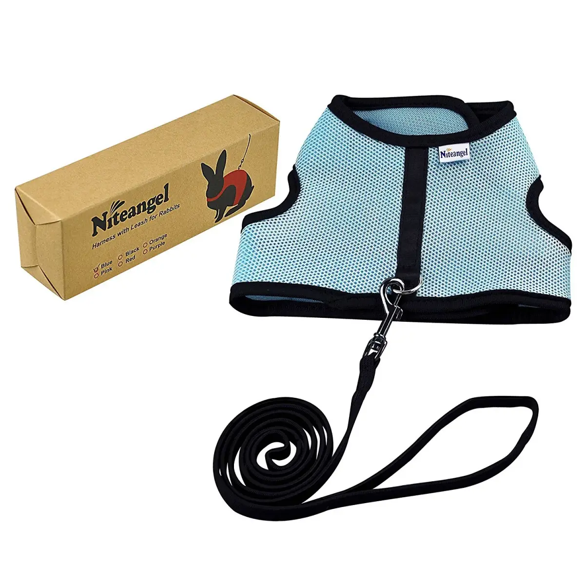 Niteangel Adjustable Soft Harness with Elastic Leash for Rabbits (L, Blue) | Escape-Proof Mesh Vest for Small Pets - view 6