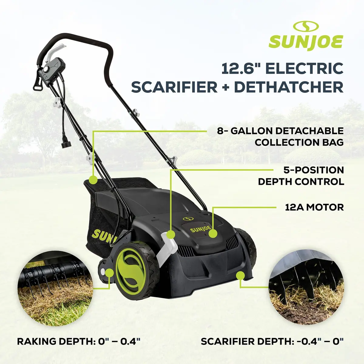 Sun Joe Electric Dethatcher & Scarifier 12.6-inch | 12-Amp Corded Lawn Care Tool - view 3