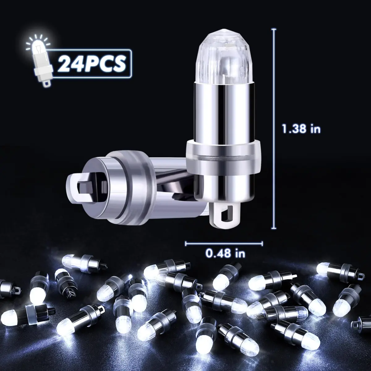 LIHAO 24x Battery Operated LED Party Lights Bulbs White 1.2cm x 3.5cm | Waterproof for Paper Lanterns & Balloons - view 2