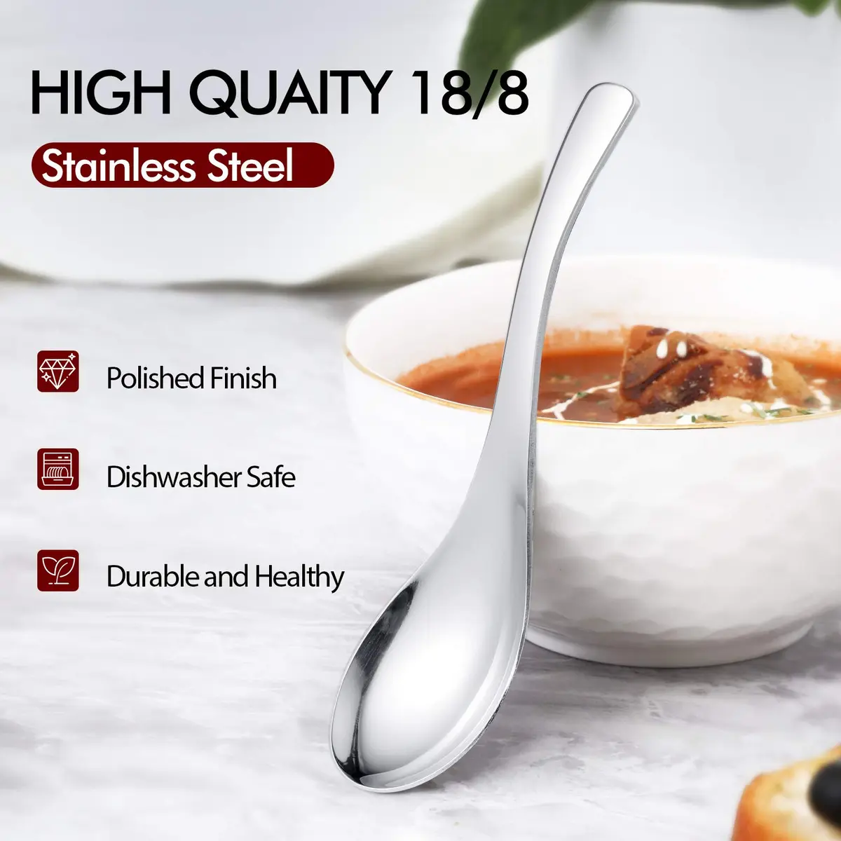 HIWARE Heavy-weight Soup Spoons, 18/8 Stainless Steel, 260ml (8.8 Fl Oz) Capacity, Set of 6 | Elegant Polished Design - view 3