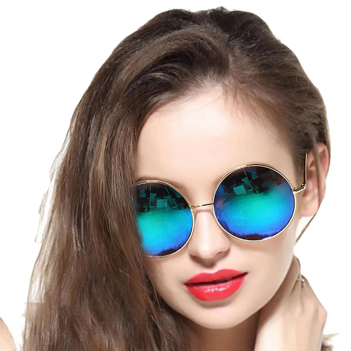 GEELOOK Round Sunglasses for Women Men Oversized Circle Mirrored Hippie Hipster Polarized Metal Frame, Blue Lens - main product image