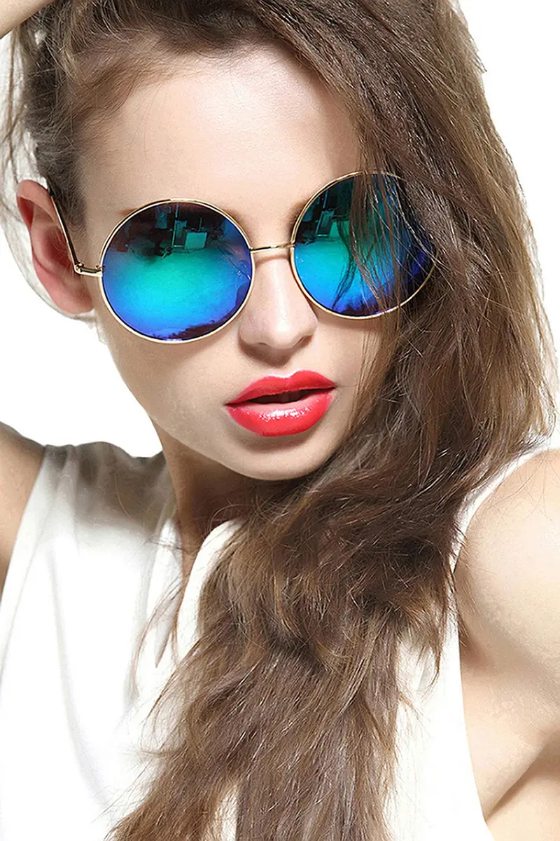 GEELOOK Round Sunglasses for Women Men Oversized Circle Mirrored Hippie Hipster Polarized Metal Frame, Blue Lens - view 2