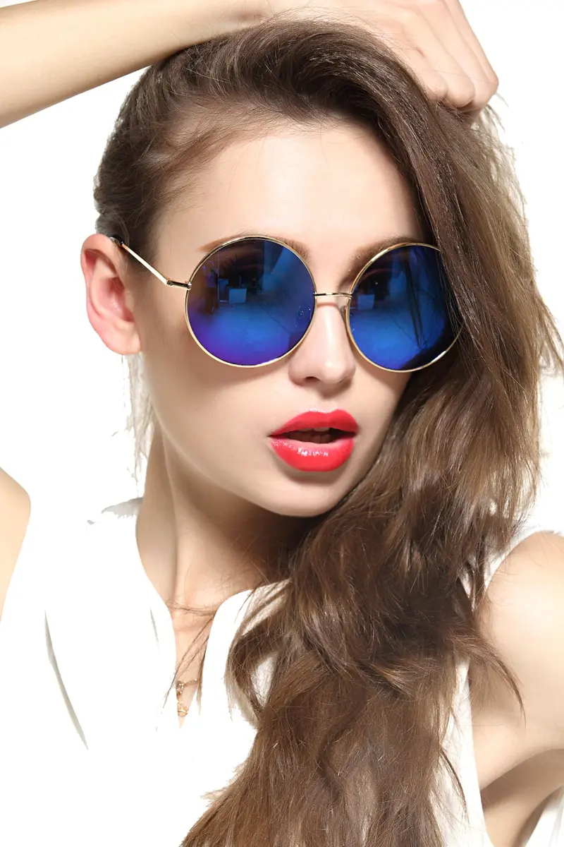 GEELOOK Round Sunglasses for Women Men Oversized Circle Mirrored Hippie Hipster Polarized Metal Frame, Blue Lens - view 3