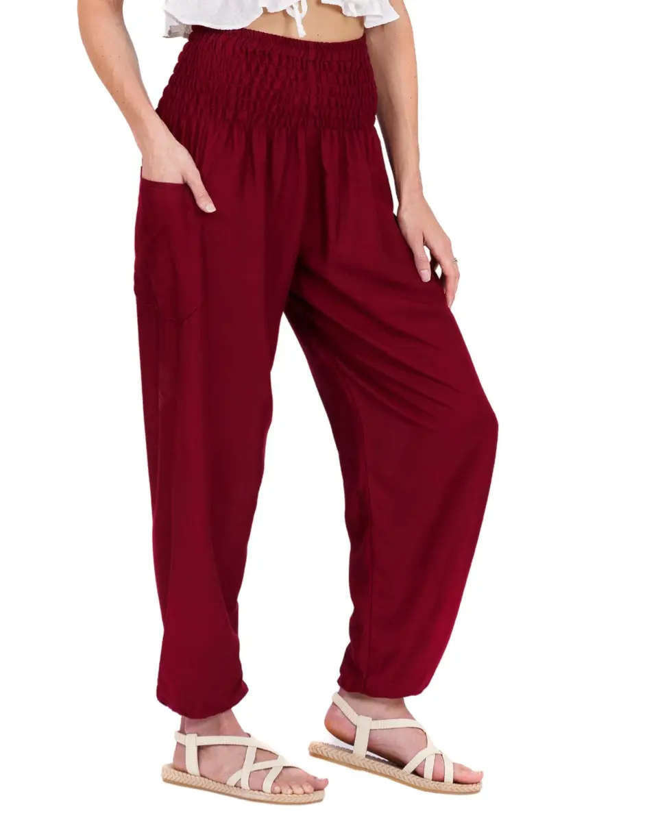 LOFBAZ Harem Pants for Women Yoga Boho Hippie Clothing Womens Palazzo Bohemian Pajama Beach Indian Gypsy Clothes Solid 1 Burgundy M | Flowy Wide Leg, Soft Rayon, Versatile Comfort - main product image