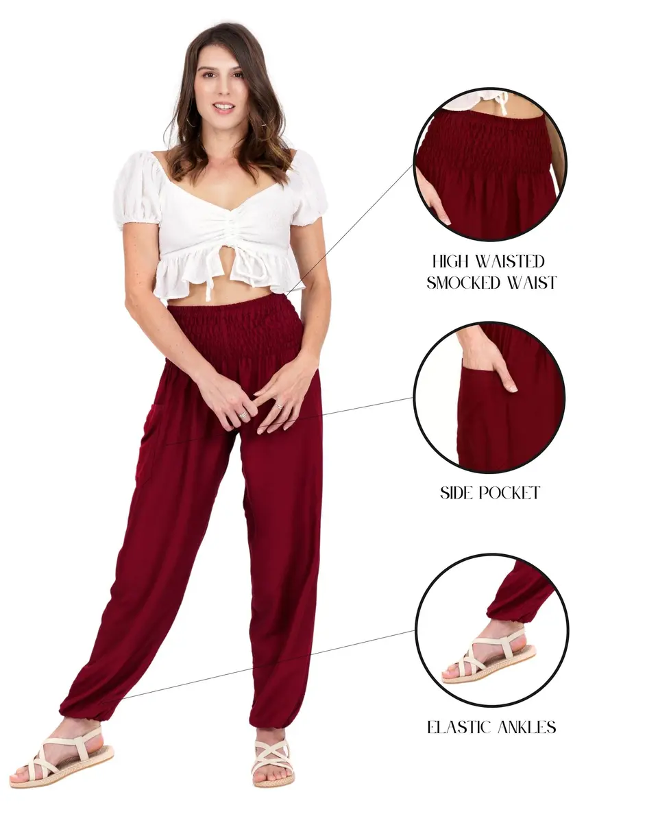 LOFBAZ Harem Pants for Women Yoga Boho Hippie Clothing Womens Palazzo Bohemian Pajama Beach Indian Gypsy Clothes Solid 1 Burgundy M | Flowy Wide Leg, Soft Rayon, Versatile Comfort - view 3