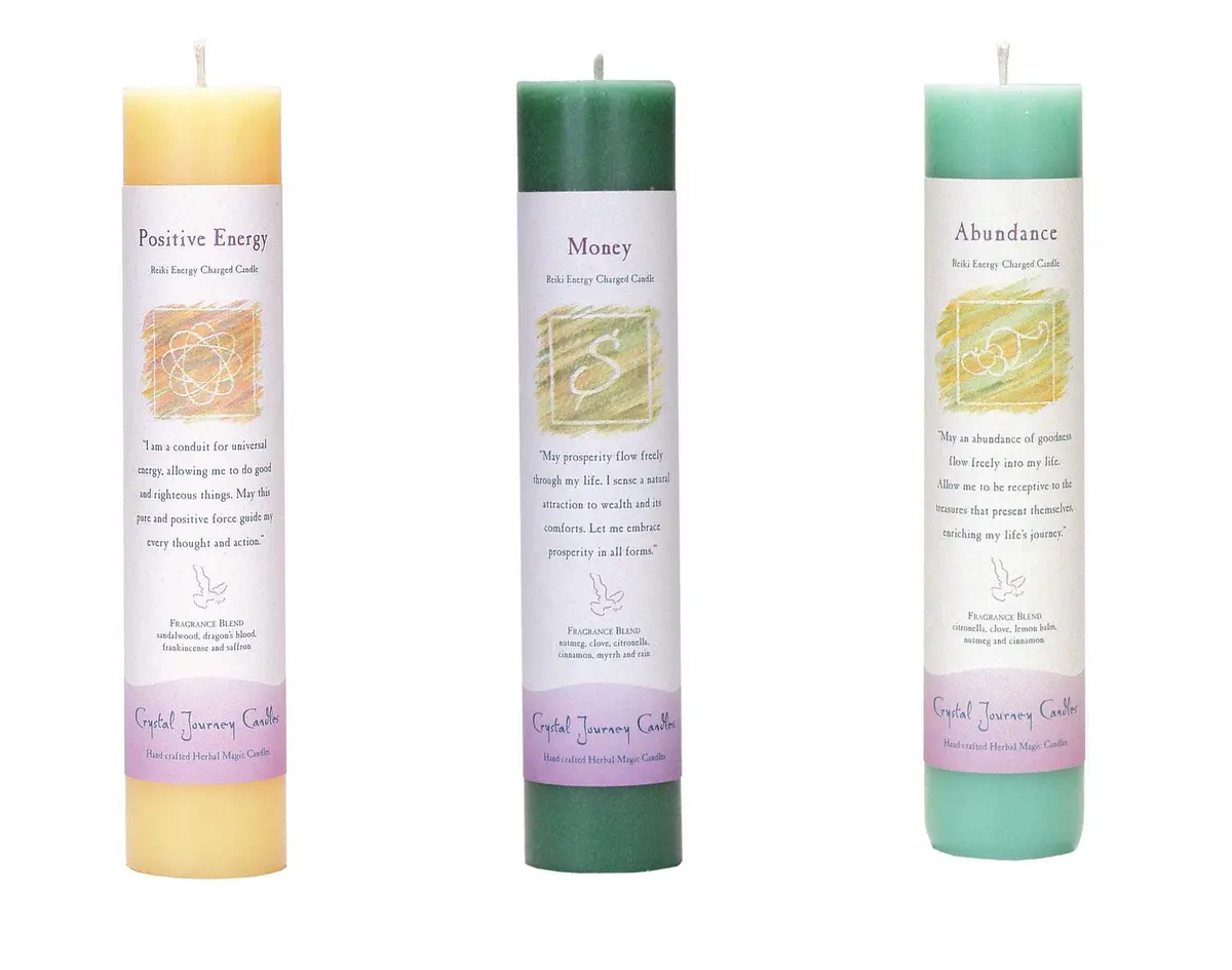 Crystal Journey Reiki Charged Herbal Magic Pillar Candle with Inspirational Labels - Wealth & Health Bundle of 3 (7"x1.5") - main product image