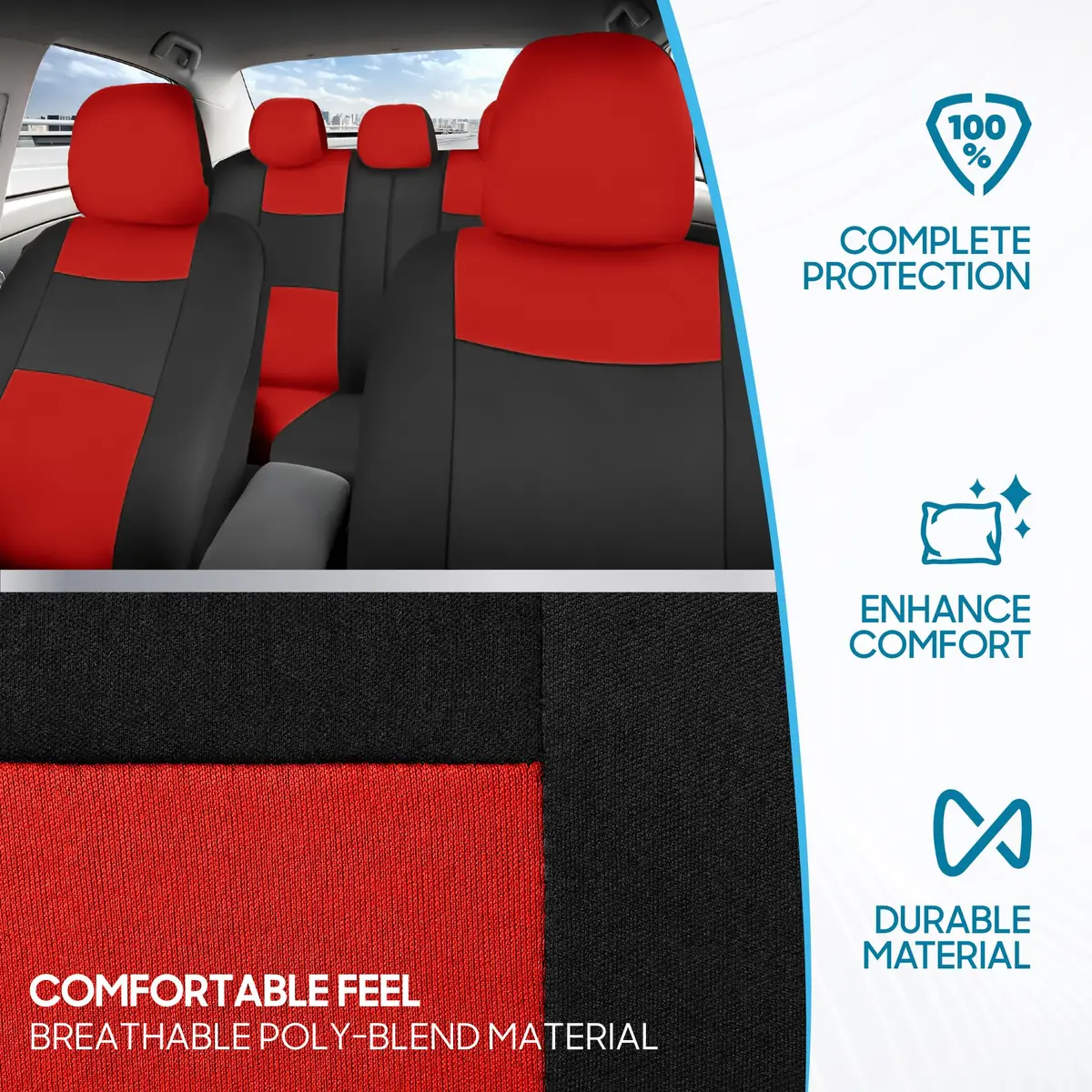 BDK PolyPro Car Seat Covers Full Set in Red on Black | Universal Fit, Breathable & Durable (70-120 chars) - view 5