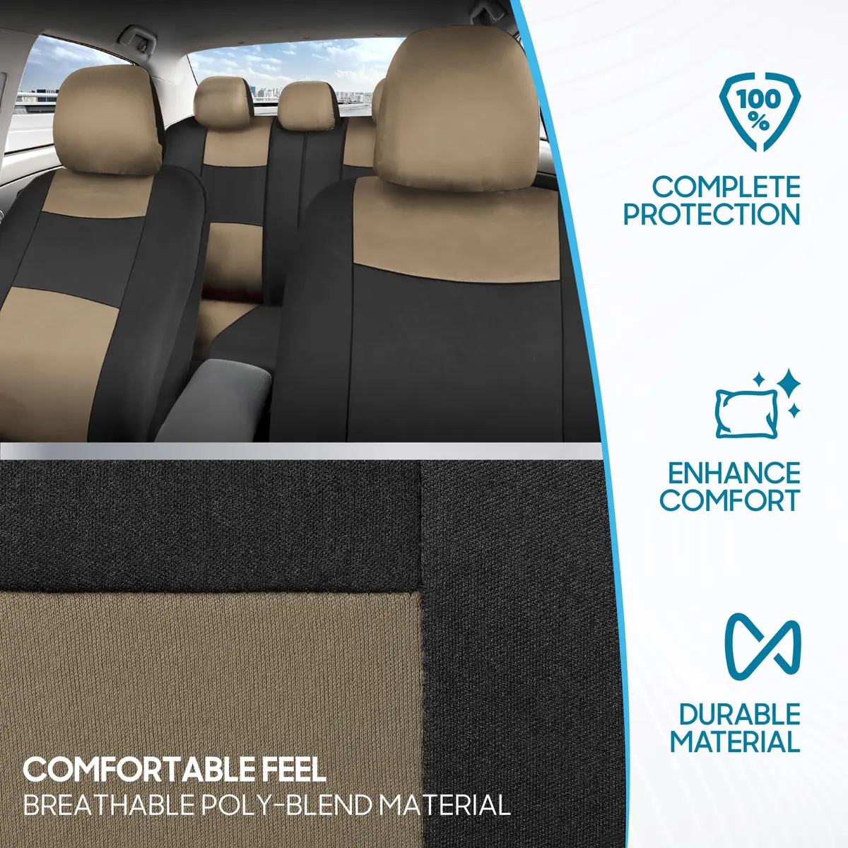 BDK PolyPro Seat Covers Full Set in Beige on Black | Universal Fit, Easy Install, Durable & Stylish (70-120c) - view 5