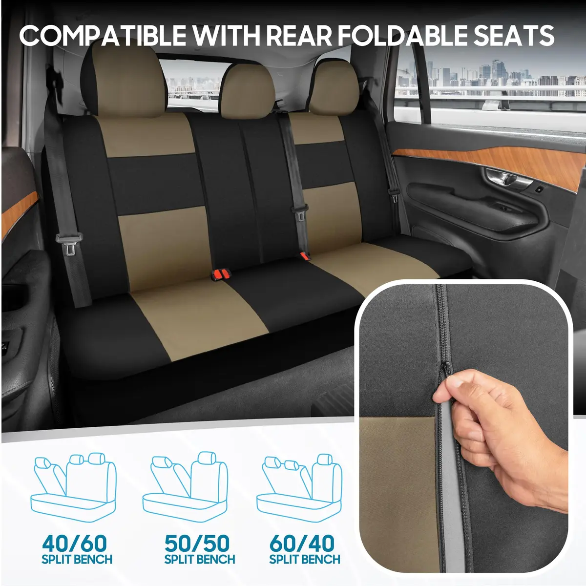 BDK PolyPro Seat Covers Full Set in Beige on Black | Universal Fit, Easy Install, Durable & Stylish (70-120c) - view 4