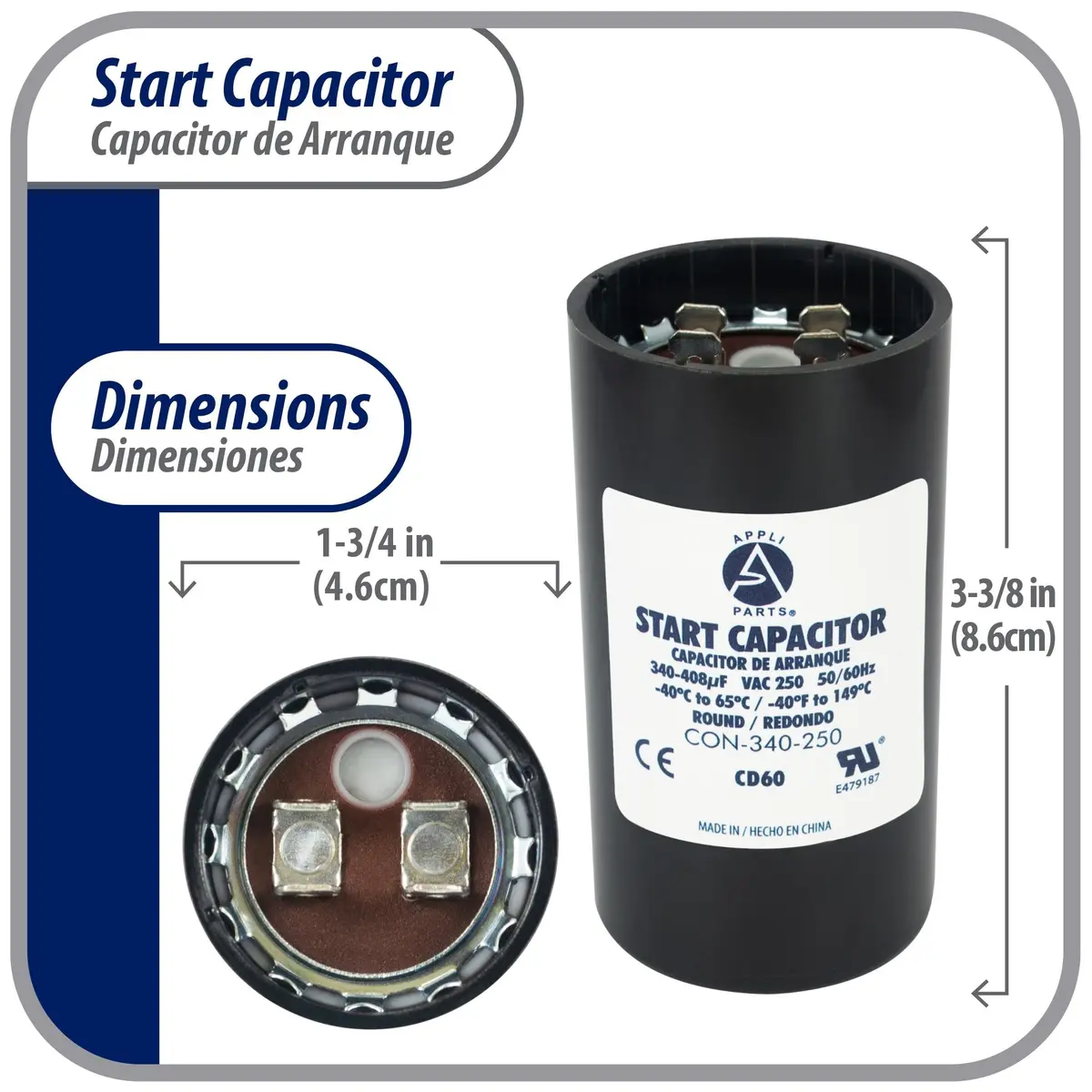 AP APPLI PARTS Motor Start Capacitor 145-175 MFD 250 VAC | Universal for Electric Motors - view 2