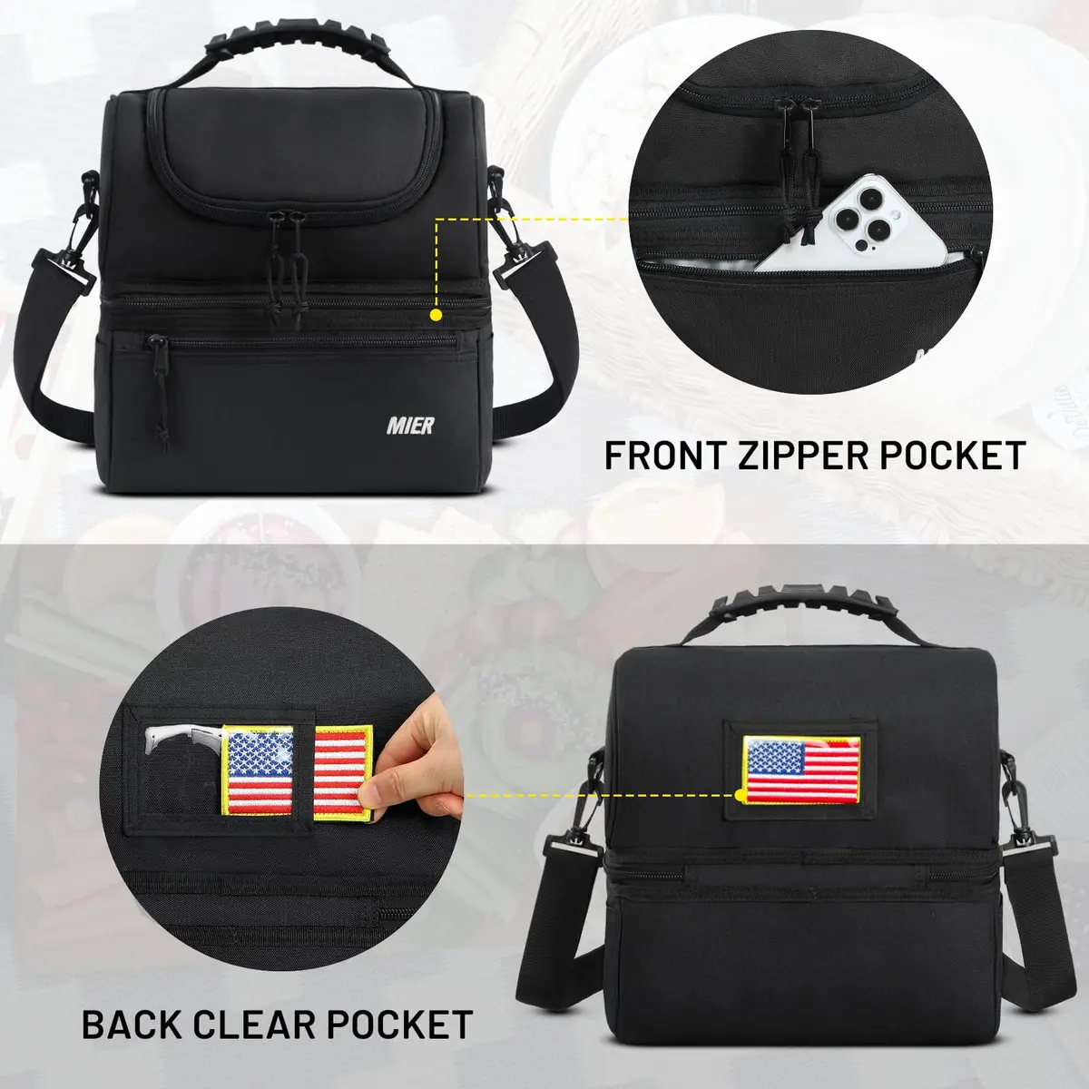 MIER Double Deck Insulated Lunch Bag Large Cooler Tote Bag for Men & Women, Black | 13 L (25.9cm x 25.9cm x 20.1cm) - view 5