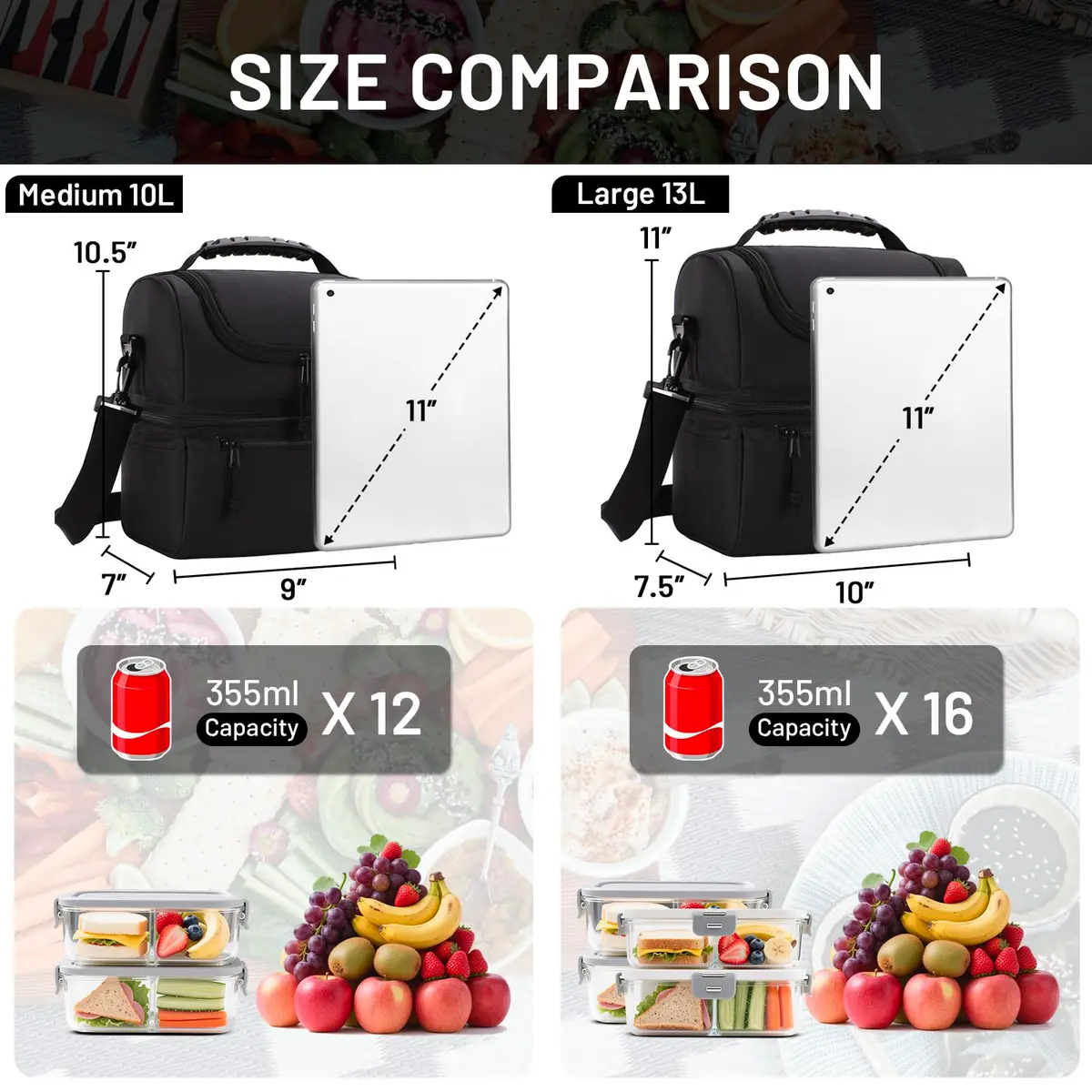 MIER Double Deck Insulated Lunch Bag Large Cooler Tote Bag for Men & Women, Black | 13 L (25.9cm x 25.9cm x 20.1cm) - view 2