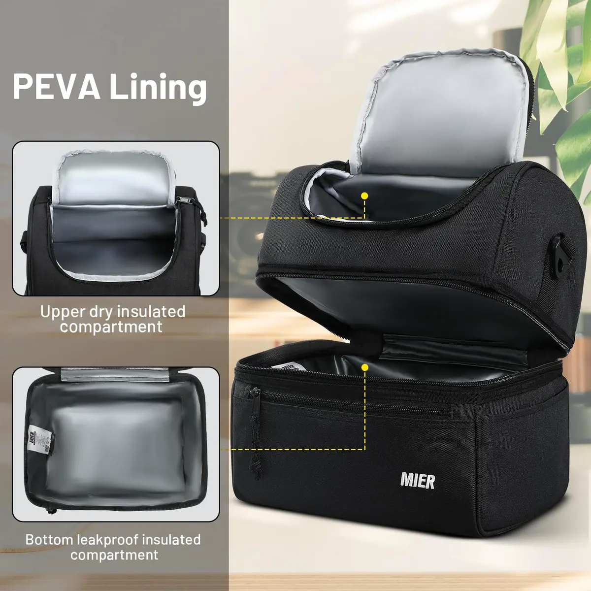 MIER Double Deck Insulated Lunch Bag Large Cooler Tote Bag for Men & Women, Black | 13 L (25.9cm x 25.9cm x 20.1cm) - view 4