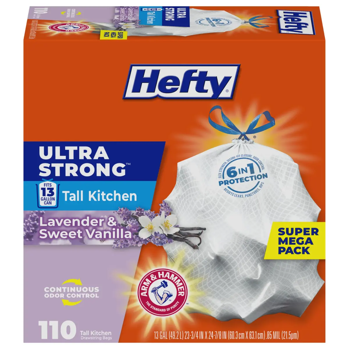Hefty Ultra Strong 13 Gallon Kitchen Trash Bags, Lavender Vanilla Scent, 110 Count | 49.2L (13 Gal) Capacity - main product image