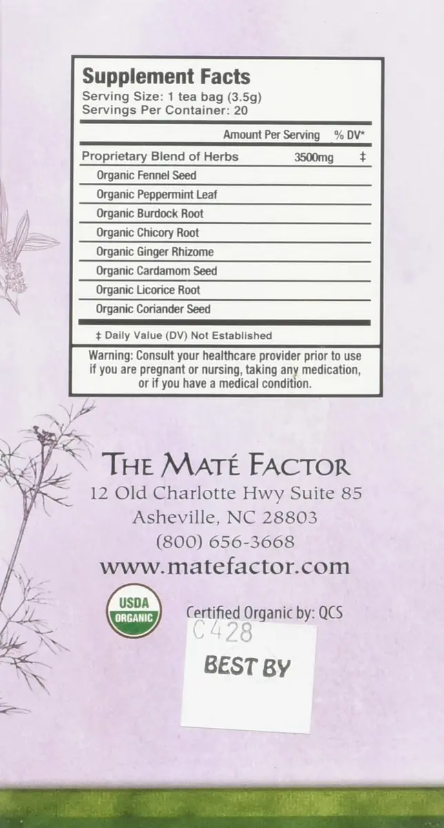 Maté Factor Digestive Tea with Prebiotics 20 Bag | Caffeine-Free Herbal Blend for Support - view 2