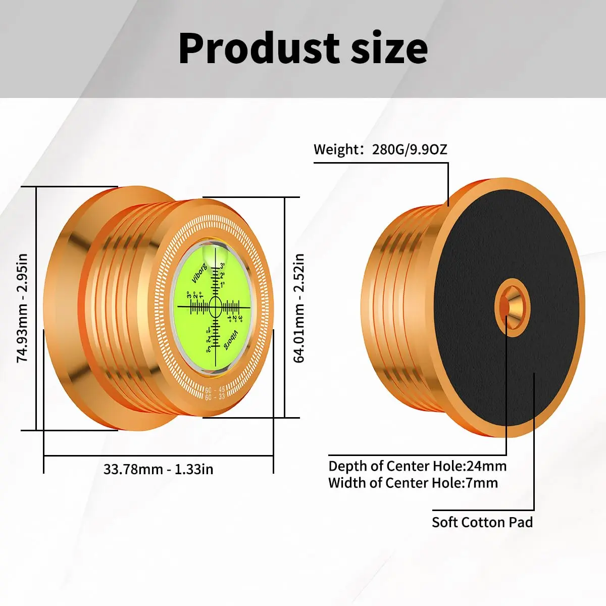 Viborg LP628G Turntable Stabilizer 280g (9.9 oz) Record Weight with Bubble Level | Improves Speed and Timing - view 2