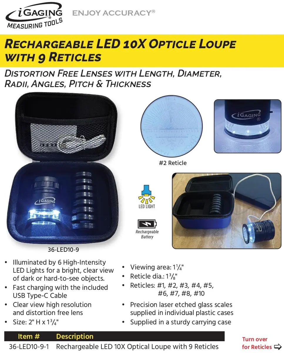 iGaging Stand Measuring Magnifier Comparator 10X Power with 9 Reticles & 7 LED Lights | Precision Glass Lens - view 2