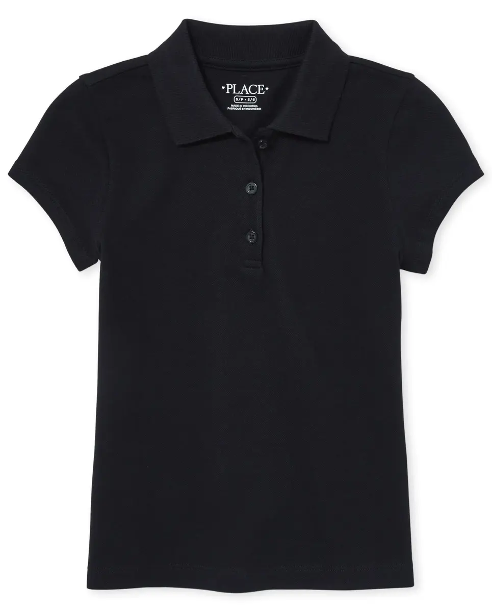 The Children's Place Girl's Short Sleeve Pique Polo, Black, Medium | Classic Cotton Blend with Stretch for Daily Comfort - main product image