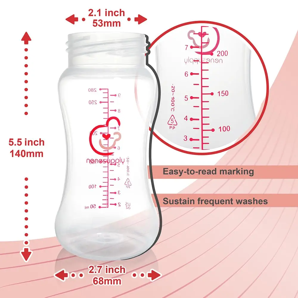 Nenesupply 9oz 4 Count Wide Neck Breastmilk Storage Bottle | Compatible with Spectra Pumps, BPA-Free, Dishwasher Safe - view 6