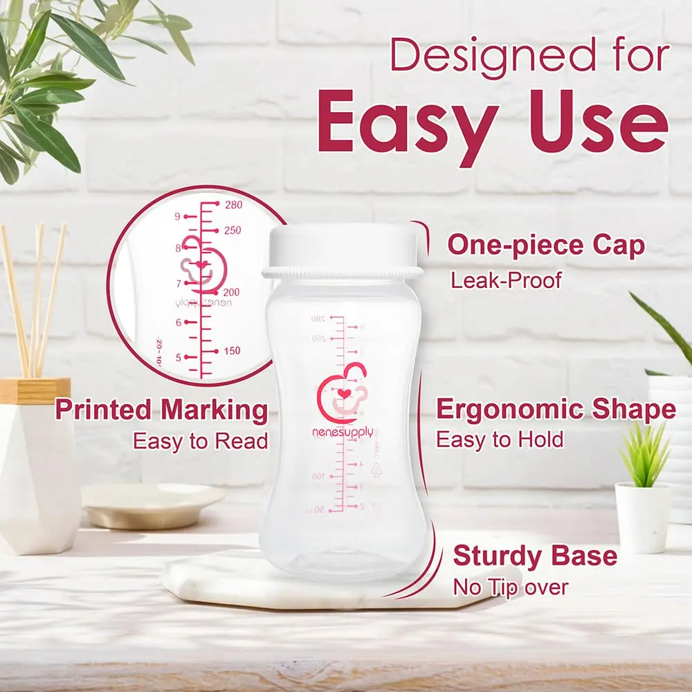 Nenesupply 9oz 4 Count Wide Neck Breastmilk Storage Bottle | Compatible with Spectra Pumps, BPA-Free, Dishwasher Safe - view 3