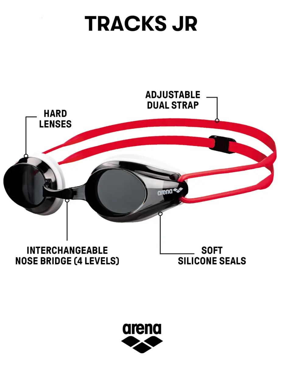 ARENA Tracks Junior Youth Racing Swim Goggles | FINA Approved Anti-Fog, Smoke/White/Red - view 2