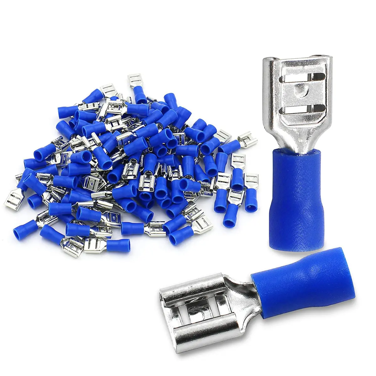 Baomain 1/4" Female Spade Connectors 16-14 AWG (100-Pack, Blue) | Secure Wire Connections for Automotive & Electronics - main product image