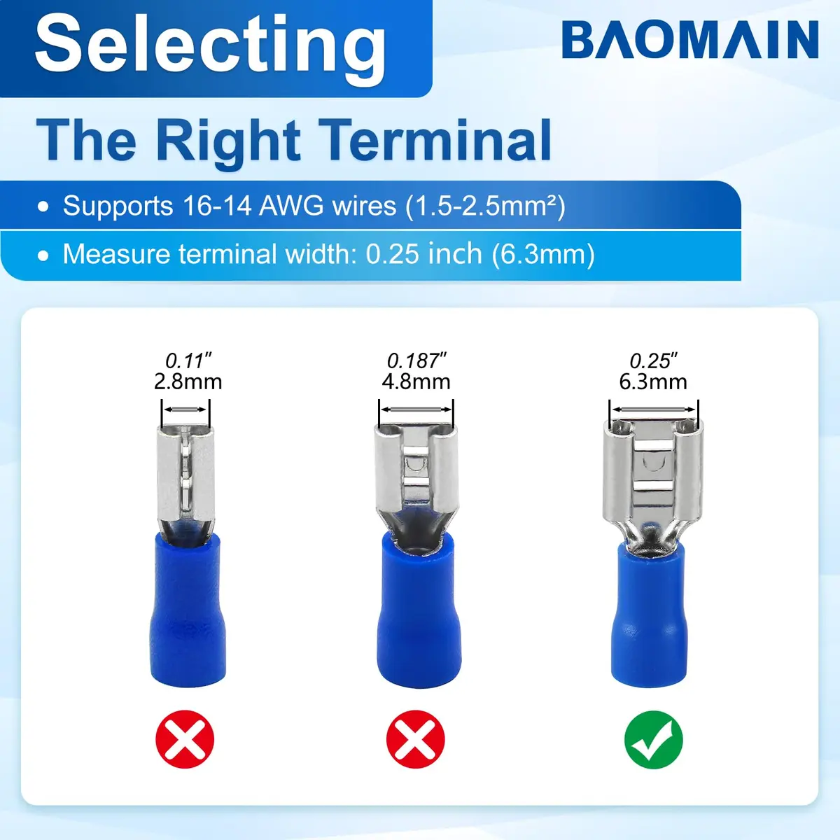 Baomain 1/4" Female Spade Connectors 16-14 AWG (100-Pack, Blue) | Secure Wire Connections for Automotive & Electronics - view 4