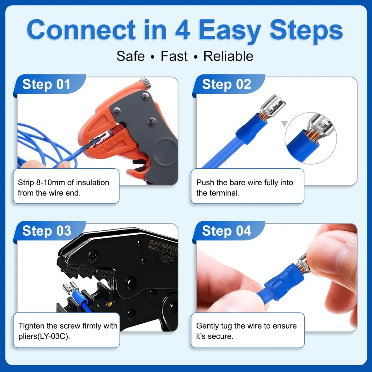 Baomain 1/4" Male Spade Terminals 16-14 AWG (100-Pack) | Secure Crimp Connectors for Electrical Wiring - view 6