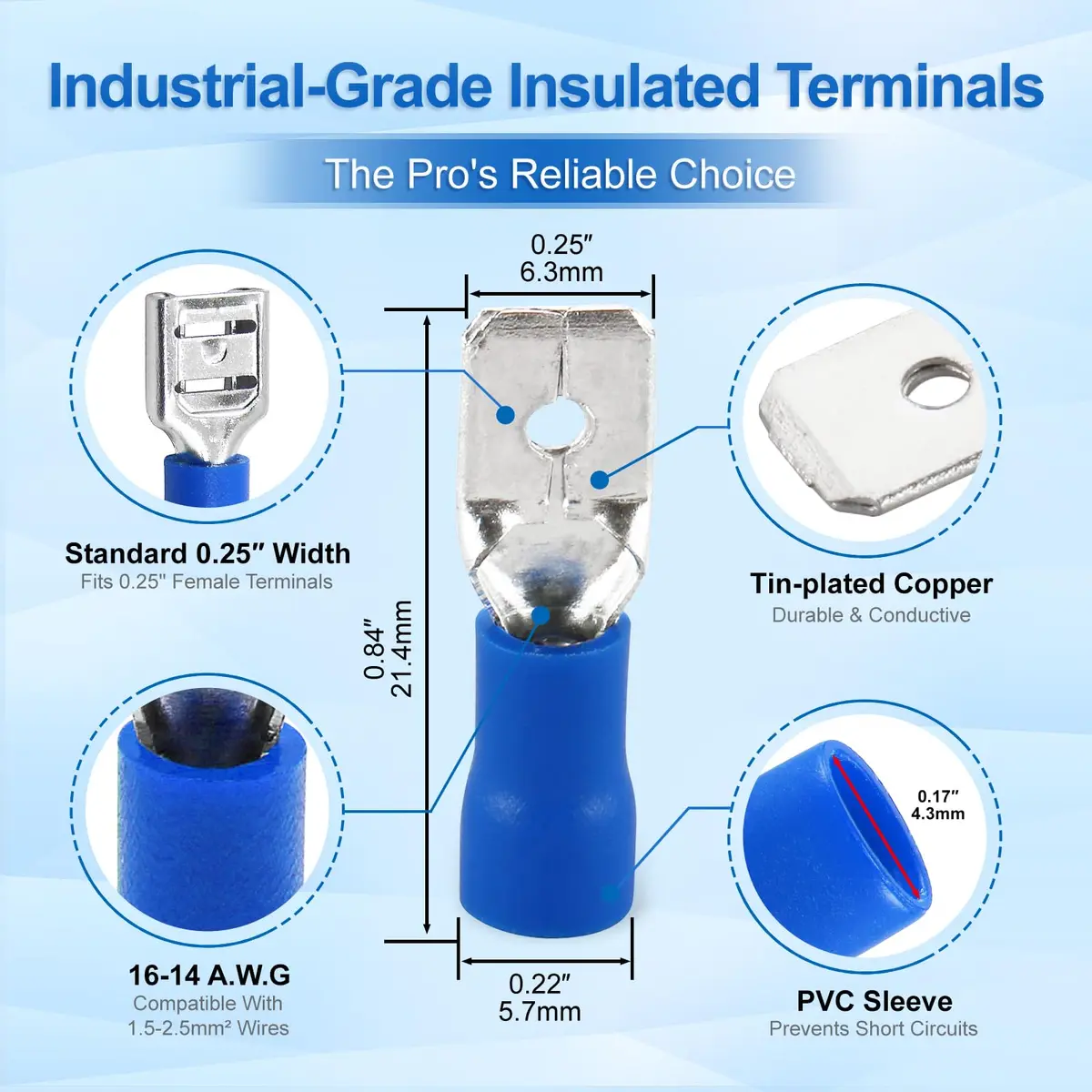 Baomain 1/4" Male Spade Terminals 16-14 AWG (100-Pack) | Secure Crimp Connectors for Electrical Wiring - view 2
