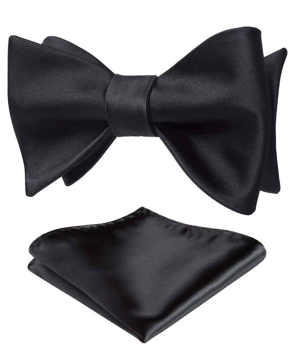 HISDERN Bow Ties for Men Solid Black Self Tie Bow Tie & Pocket Square Set Classic Formal Satin Bow ties for Tuxedo Wedding Party | Elegant & Adjustable - main product image