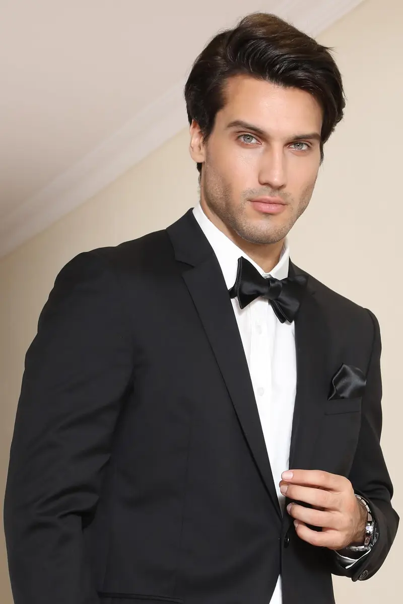 HISDERN Bow Ties for Men Solid Black Self Tie Bow Tie & Pocket Square Set Classic Formal Satin Bow ties for Tuxedo Wedding Party | Elegant & Adjustable - view 6