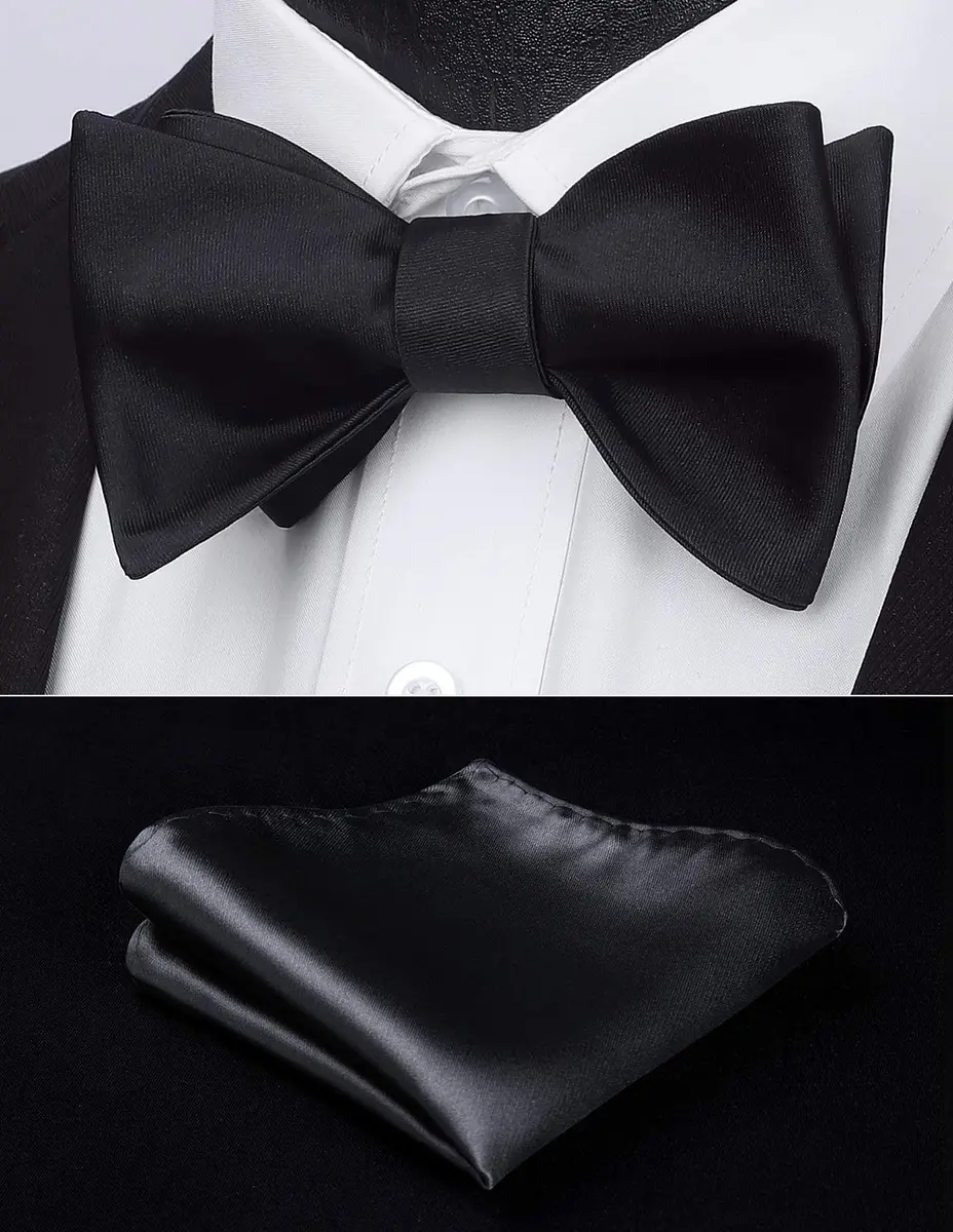 HISDERN Bow Ties for Men Solid Black Self Tie Bow Tie & Pocket Square Set Classic Formal Satin Bow ties for Tuxedo Wedding Party | Elegant & Adjustable - view 7