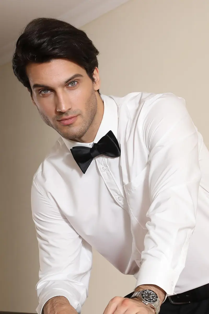 HISDERN Bow Ties for Men Solid Black Self Tie Bow Tie & Pocket Square Set Classic Formal Satin Bow ties for Tuxedo Wedding Party | Elegant & Adjustable - view 3