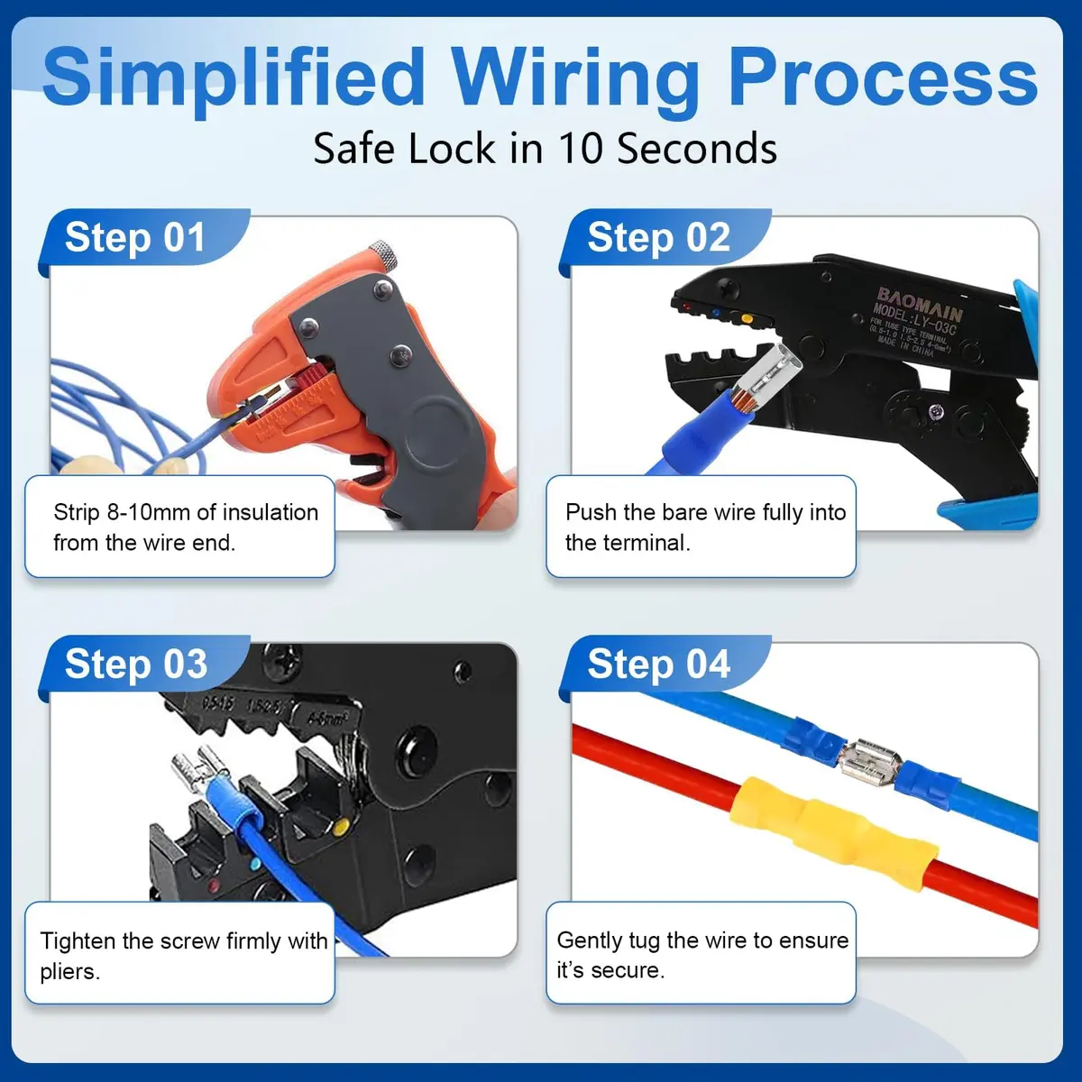 Baomain 1/4" Spade Terminals Kit 16-14 AWG 200-Pack | Secure Crimp Connectors for Electrical Wiring - view 7