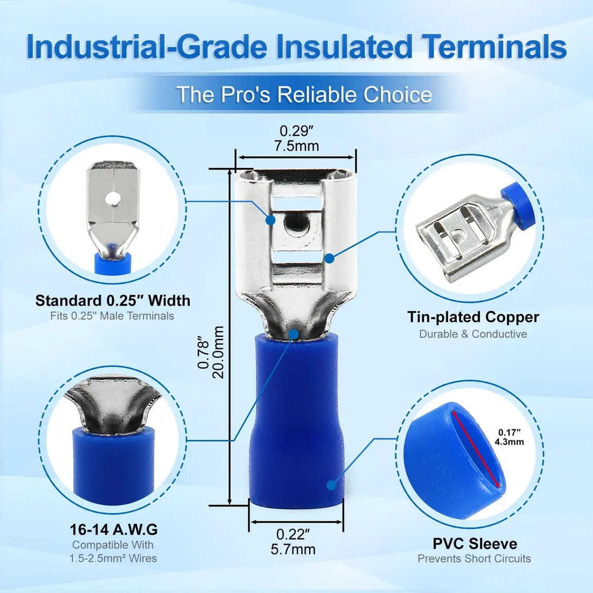 Baomain 1/4" Spade Terminals Kit 16-14 AWG 200-Pack | Secure Crimp Connectors for Electrical Wiring - view 3