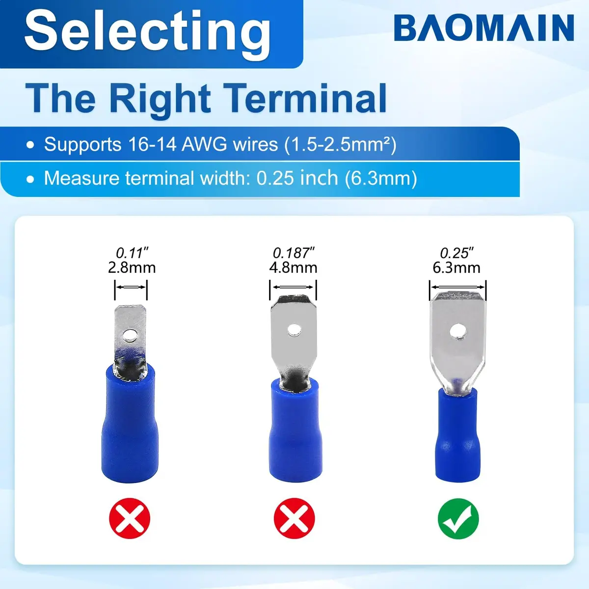 Baomain 1/4" Spade Terminals Kit 16-14 AWG 200-Pack | Secure Crimp Connectors for Electrical Wiring - view 4