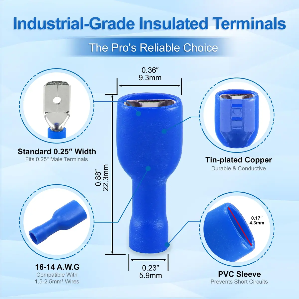 Baomain Fully Insulated Female Spade Terminals 16-14 AWG (100-Pack, Blue) | Secure Wire Connections for 6.3mm Male Terminals - view 2